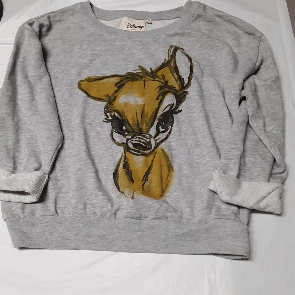 Disney Bambi Artist Sketch Gray Sweatshirt Glitter Print Rolled Sleeve Size XS